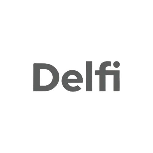 Black 'Delfi' logo on a white background