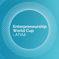 Logo for the Entrepreneurship World Cup Latvia with a blue background and white text