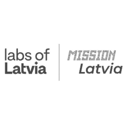 Logos for 'labs of Latvia' and 'Mission Latvia' on a white background