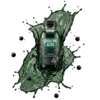 SpirulinaNord bottle with liquid spirulina and blackcurrant splash