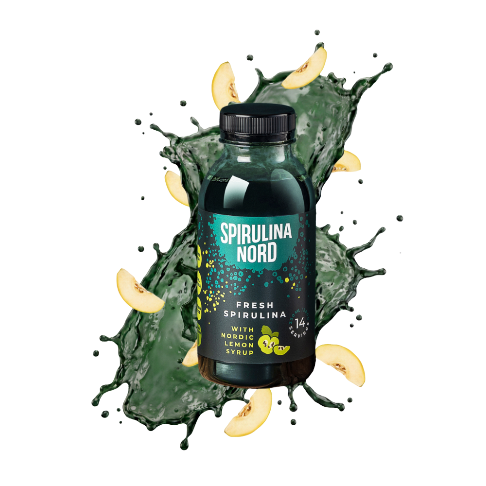 SpirulinaNord fresh spirulina bottle with Nordic lemon syrup
