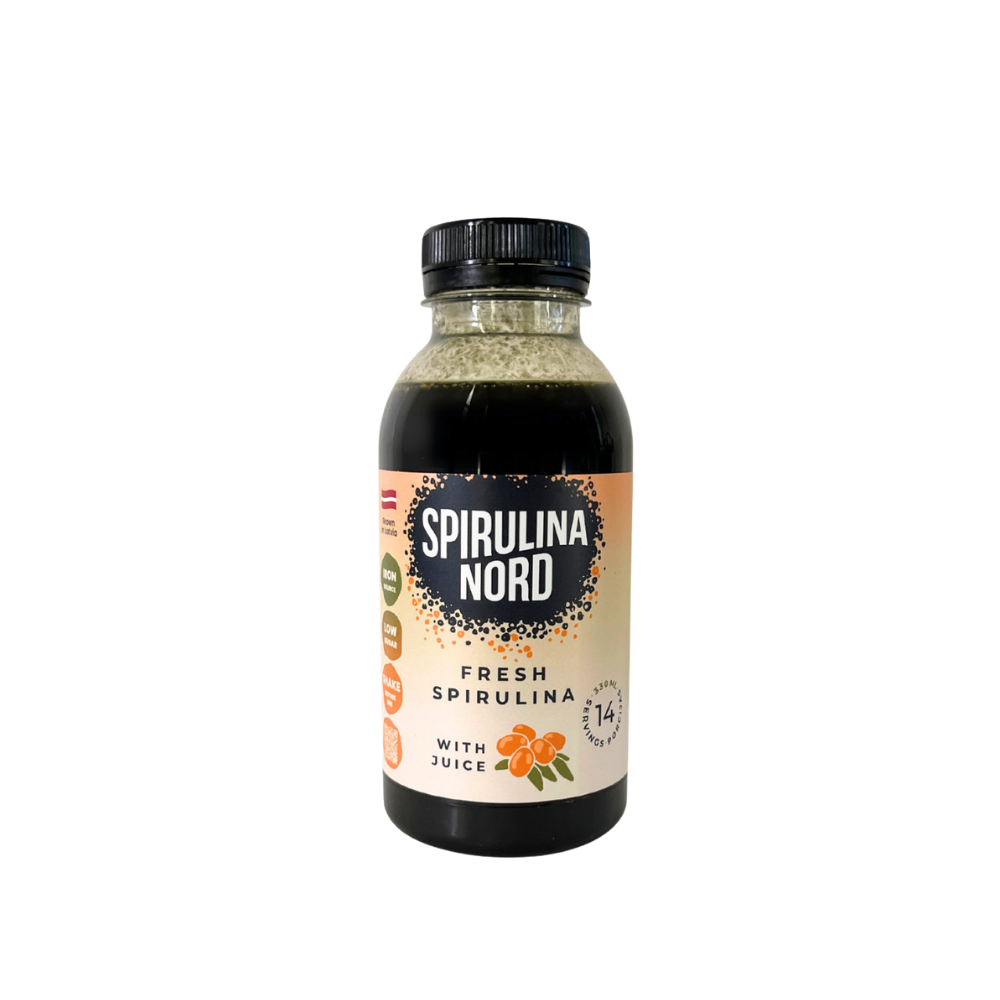 SpirulinaNord spirulina with sea buckthorn juice bottle