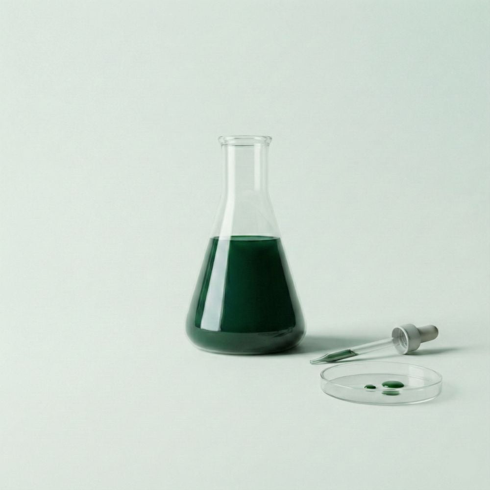 Glass beaker with dark green, fresh, liquid spirulina on a light green background