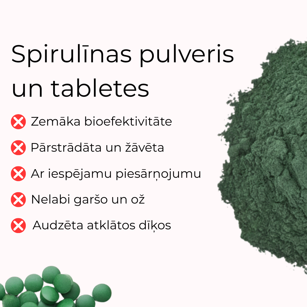Spirulīnas pulveris un tabletes